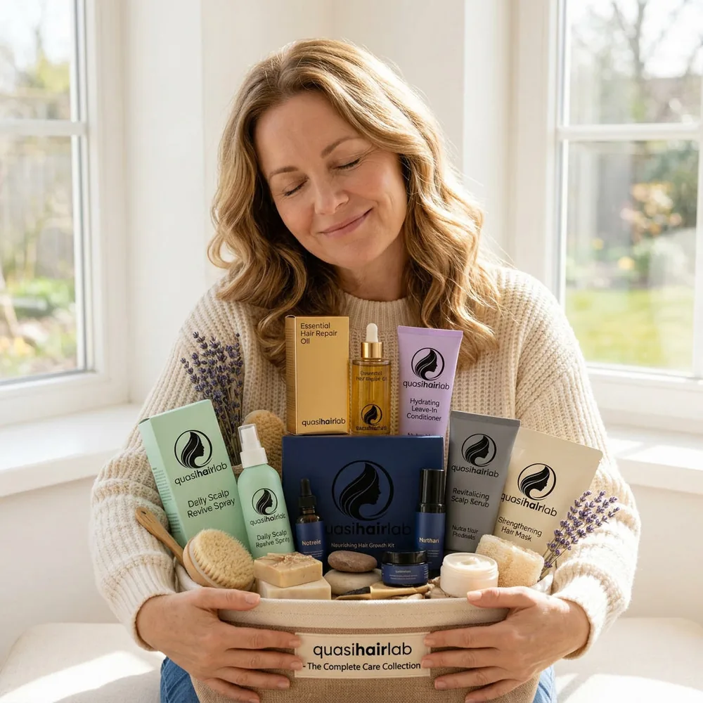 A woman with healthy, nourished hair holding Quasi Hair Lab products